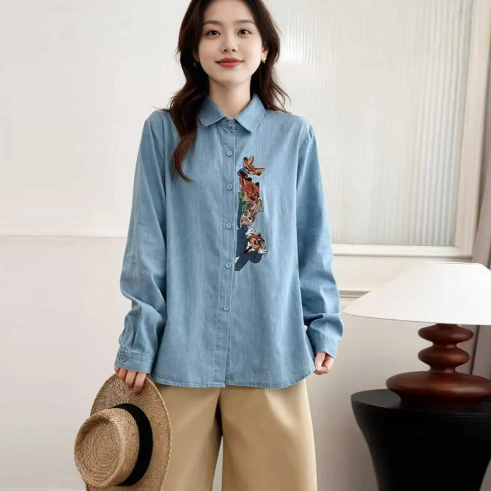 

Japanese Vintage Mori Girl Cartoon Animal Embroidery Denim Shirts Women Autumn Turn Down Collar Long Sleeve Casual Jeans Shirts