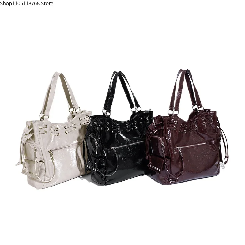 

Large Capacity Japanese Style Motorcycle Women's Bag Fashion Luxury Designer Korean Rivet Pu Leather Women's Tote Bag