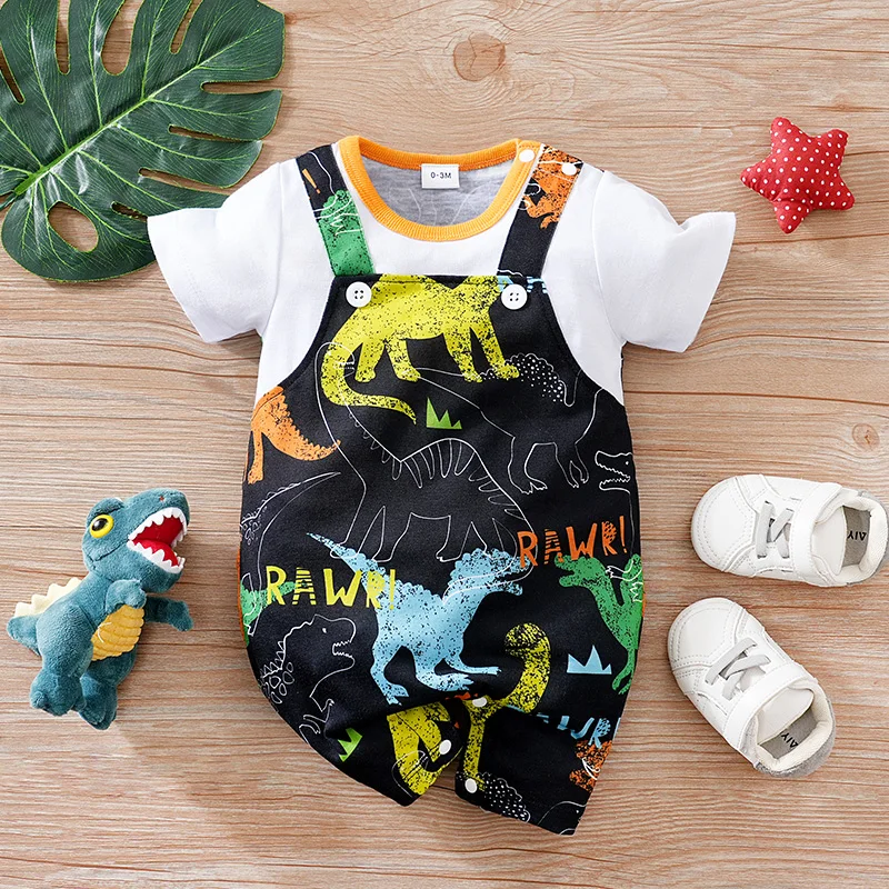 Newborn Baby boy Clothes cartoon dinosaur printing  Jumpsuit Summer Short Sleeve Romper Infant Toddler Pajamas One Piece Outfit