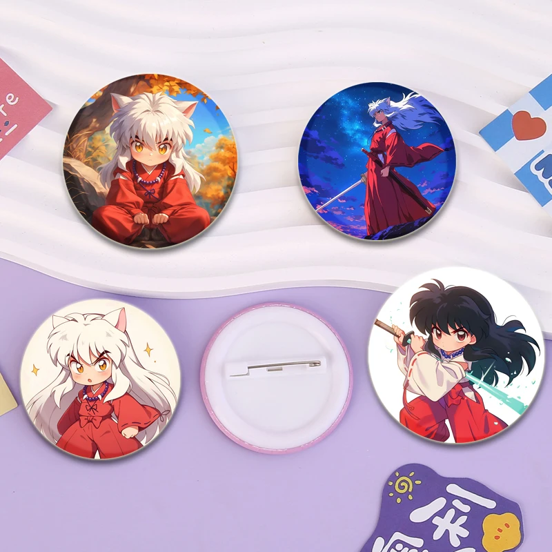 Fans Collections Hot Anime Brooches Round Cartoon Inuyasha Higurashi Kagome Sesshoumaru Pins HD Print Badge for Accessories Gift