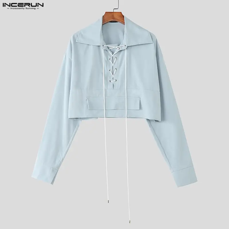 

INCERUN Men Shirt Solid Color Lapel Long Sleeve Lace Up Men Clothing Streetwear Loose 2025 Fashion Casual Male Crop Tops S-3XL