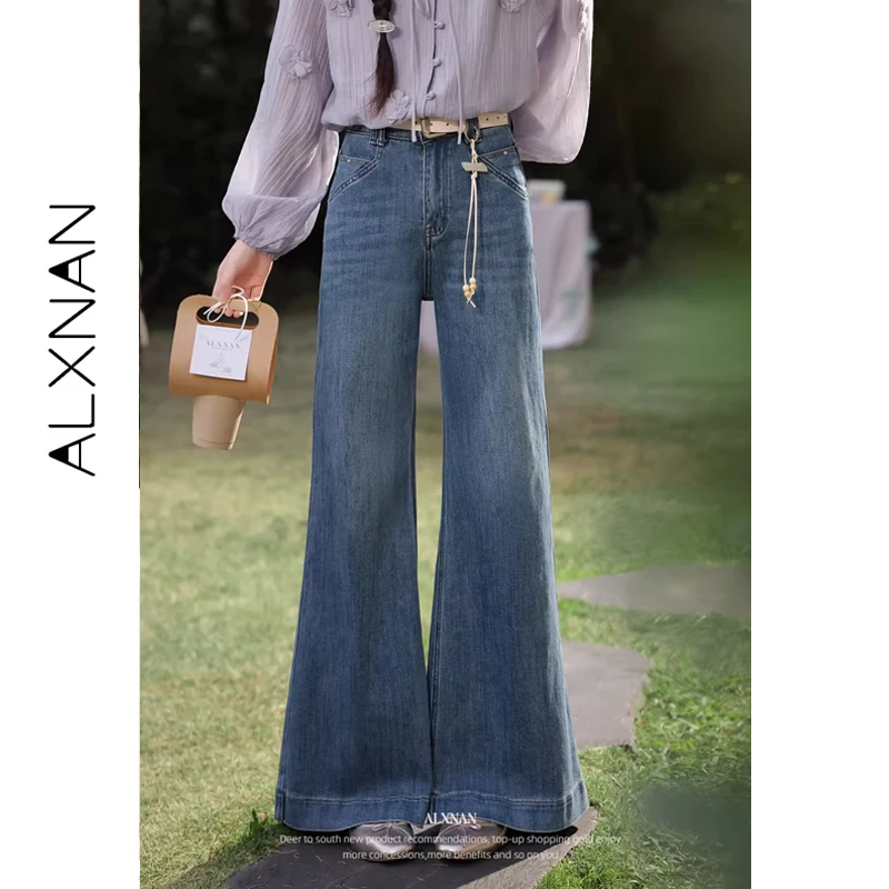 

ALXNAN Vintage Blue Jeans Women High Waist Flared Denim Pants Fashion Casual Retro Wide Leg Trousers Baggy Jeans Ladies L61733