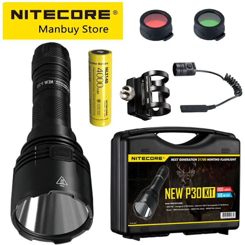 

NITECORE NEW P30 HUNTING KIT 1000 LUMENS Outfoor Tactical Flashlight LED Torch Light With NL2140 4000mAh Battery UI2 Charger