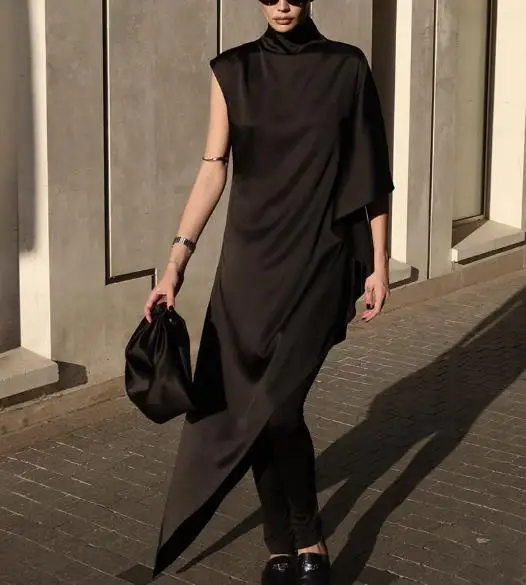 

2025 Autumn New Women's Clothing Solid Color Temperament Semi High Neck Slanted Irregular Loose Dress