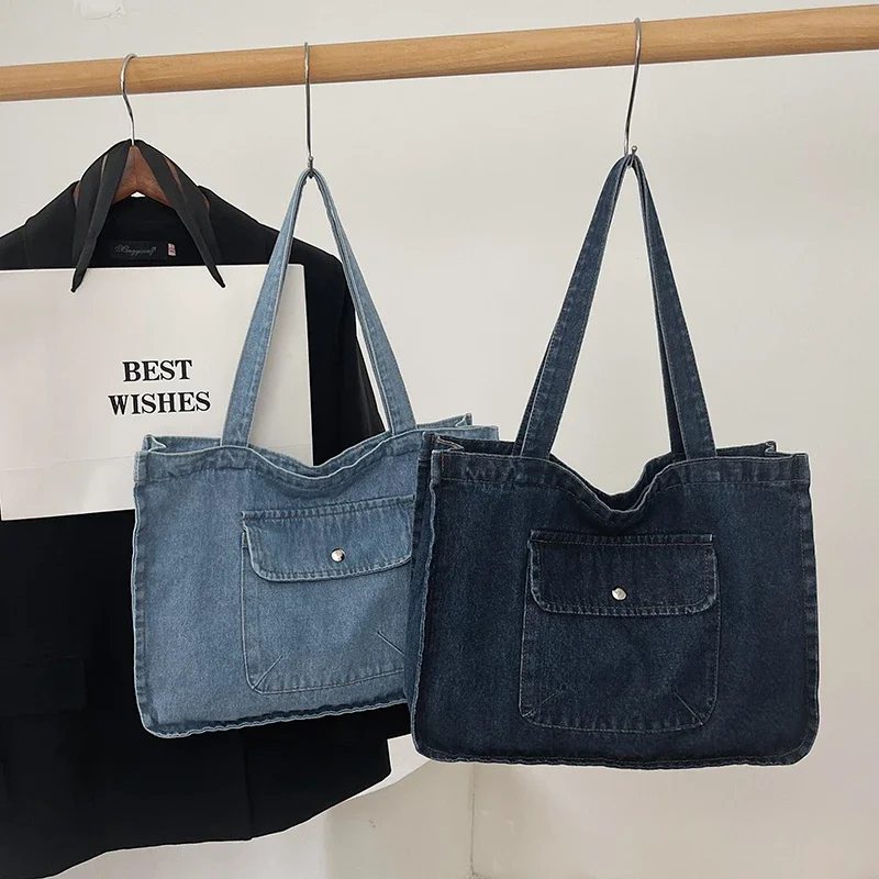 Borse Tote in Denim ad alta capacità cerniera per pendolarismo in stile base 2024 in vendita borse a tracolla da donna in tinta unita semplicità