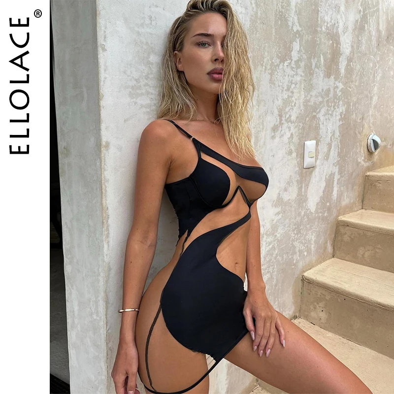 

Ellolace Sexy Summer Dresses 2025 See Through Irregular Splicing Short Black Dress Single Shoulder Strap Sexy Outfits