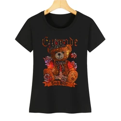 IZEVUS High-quality rhinestone T-shirt female summer short-sleeved female fashion leisure cute bear crystal hot diamond T-shirt