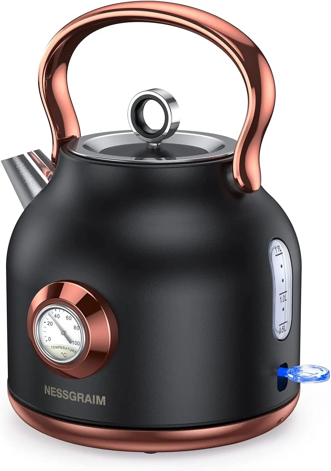 

Retro Electric Kettle, 1.7L Stainless Steel with Temperature Gauge, 1500W Fast Heating, Auto Shut-off & Boil-Dry Protection