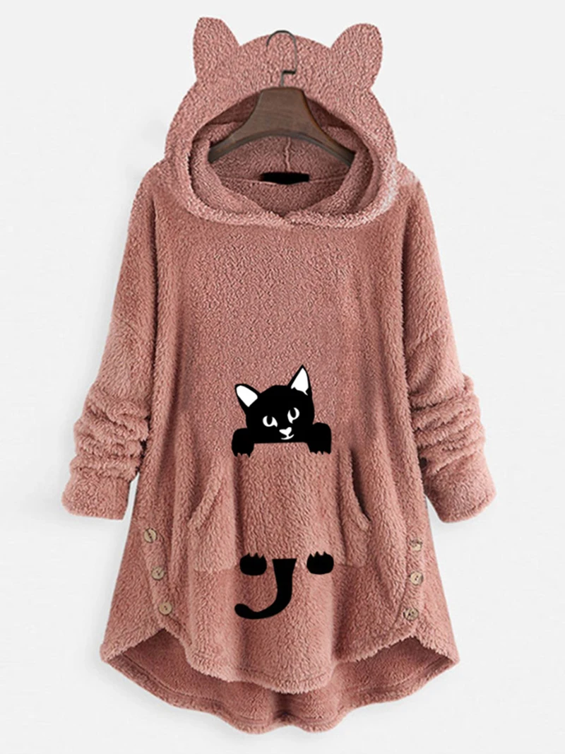 Winter Fleece Oversize Hoodies Women Cartoon Cat Button Hooded Shirt Fluffy Warm Long Sleeve Pullover Homewear Sweatshirt Casual