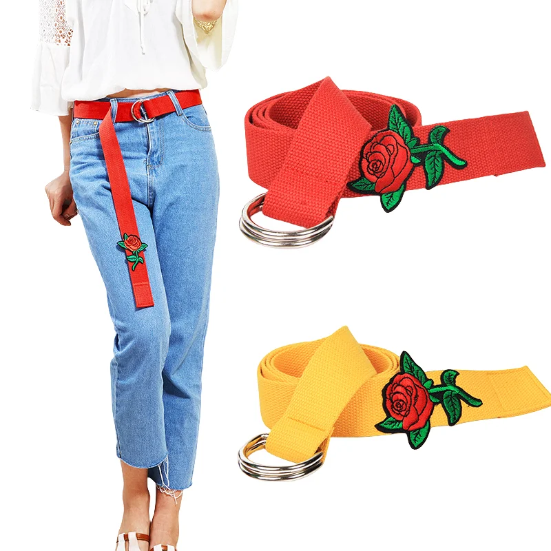 

New Women High Quality Handmade Embroidery Rose Flower Long Belts for Jean Girl Luxury Knot Canvas Belt Straps Ceintures Casual