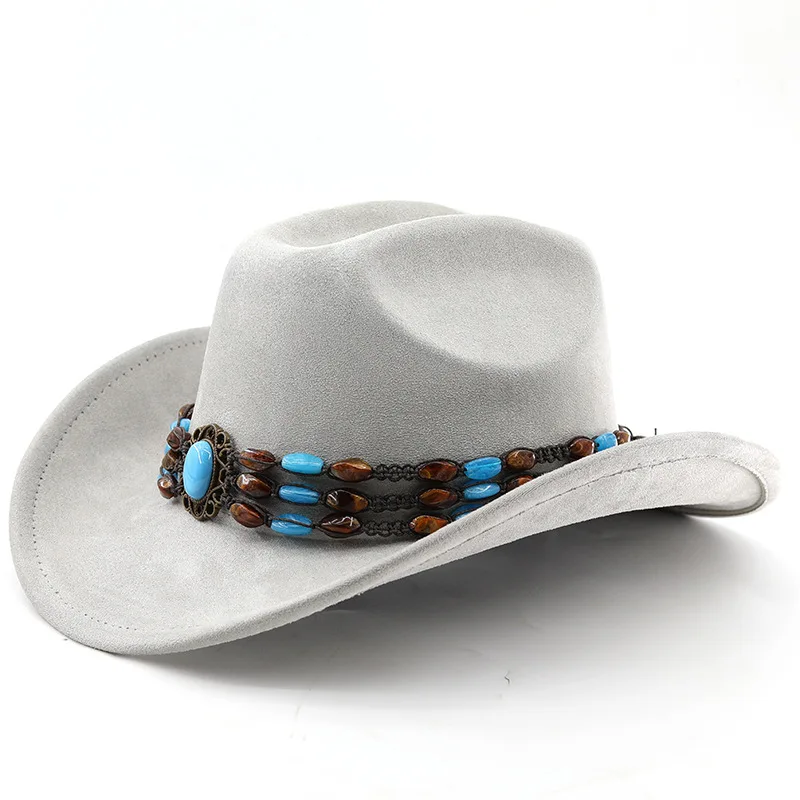 Western-Cowboyhut aus Wildleder zum Reiten für Männer und Frauen, Outdoor-Reisehut mit gerollter Krempe, Zylinderhut im Ethno-Stil, Filzhut – Detail 17