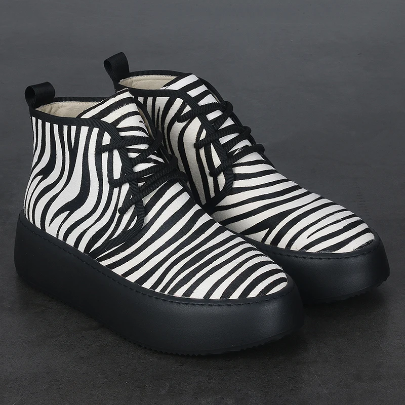 

British Fashion Real Horse Fur Ankle Boots Platform Casual New High Top Shoes Luxury Zebra Print All Match Men's Fashion Shoes