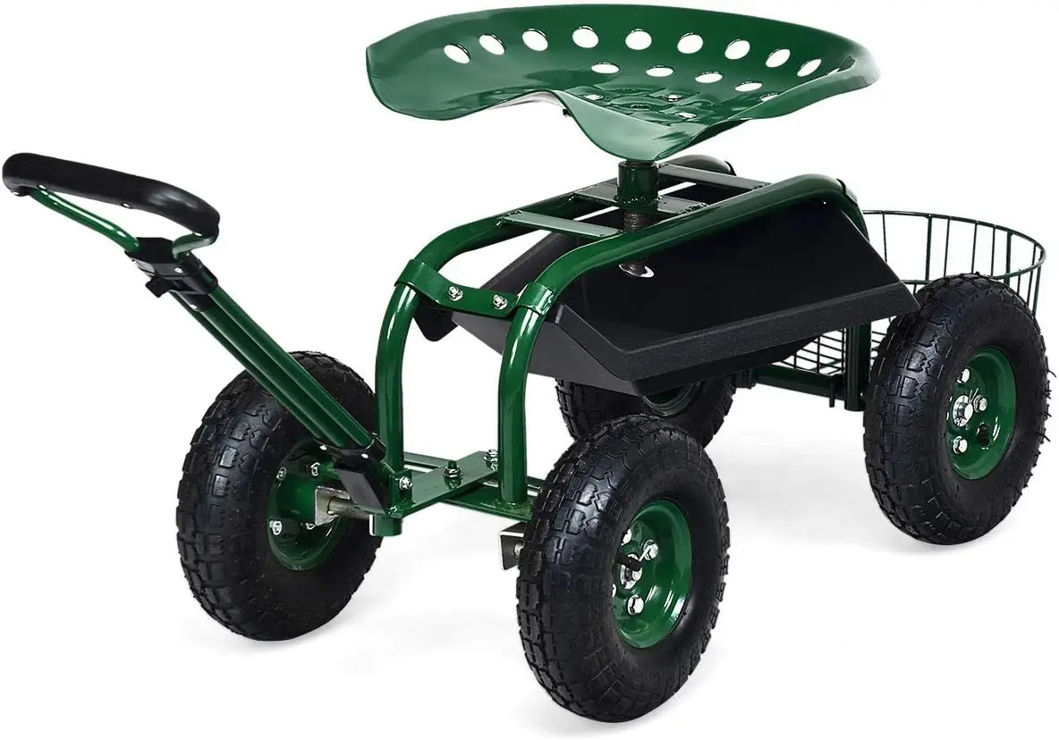 Outdoor Garden Cart with Seat, Tool Tray & Basket, Adjustable Steering Handle, 360 Degree Swivel Seat for Planting, Gardening