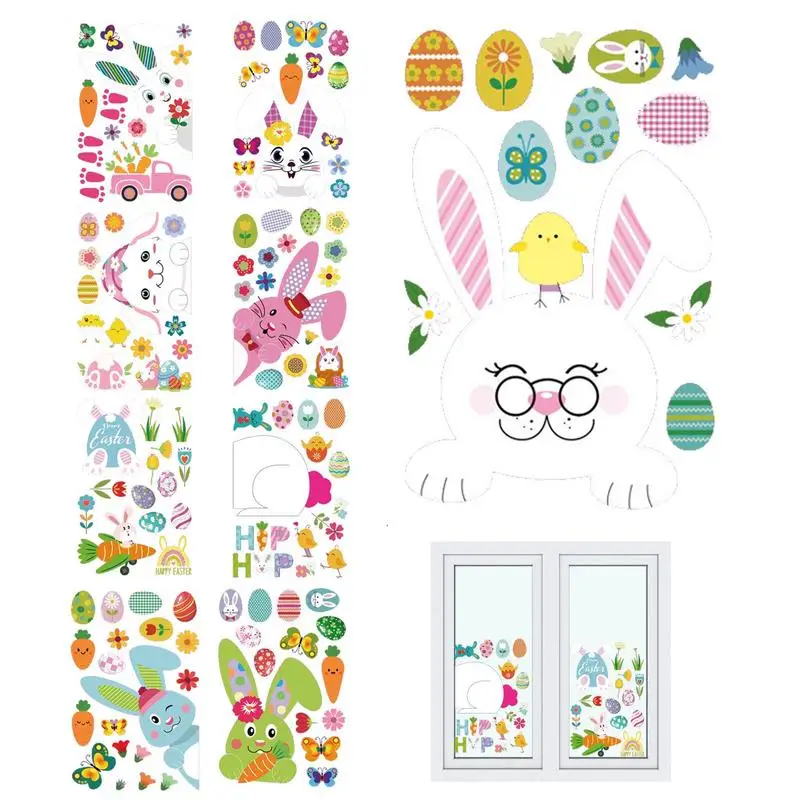 Easter Window Clings Electrostatic Double Sided Image Wall Decals Bunny Window Clings Happy Easter Glass Stickers 9pcs