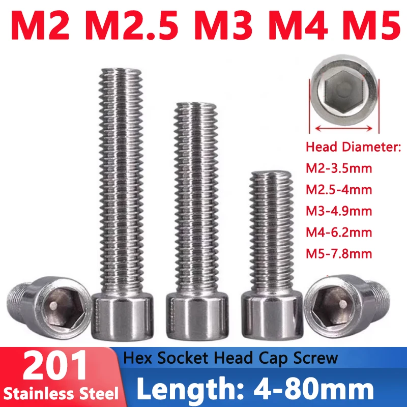 

M2 M2.5 M3 M4 M5 201 Stainless Steel Small Hexagon Socket Head Cap Screw Bolt Narrow Outer Diameter Thin Head Rod Length 4-80mm