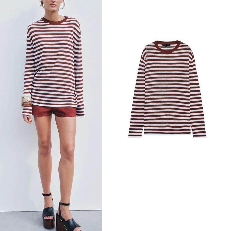 

Spring Summer New Arrival Women's Casual Stripe Vaion Sle Long Sve round Ne Knitted Top Loose Fit Polyester Fiber
