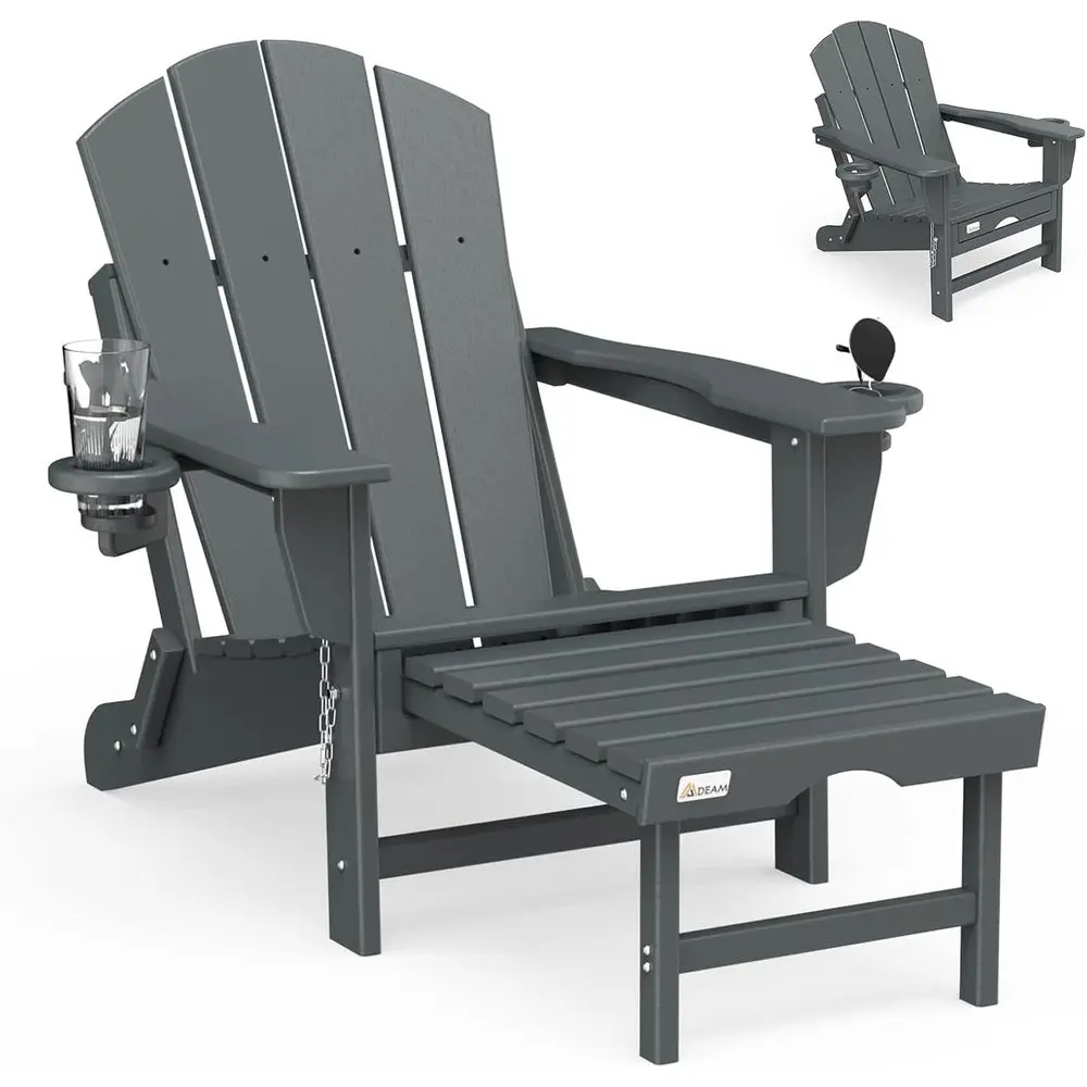 

Retractable Ottoman Adirondack Chair, Weather-Resistant HDPE Fire Pit Chair with Dual Cup Holders, Outdoor Patio Garden Lawn Cha