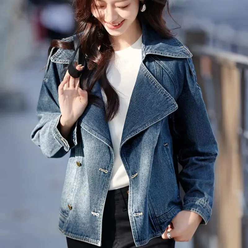 2025 feminino mangas compridas denim casaco primavera outono feminino cor sólida jeans jaqueta coreano senhoras moda lazer cowboy outwear
