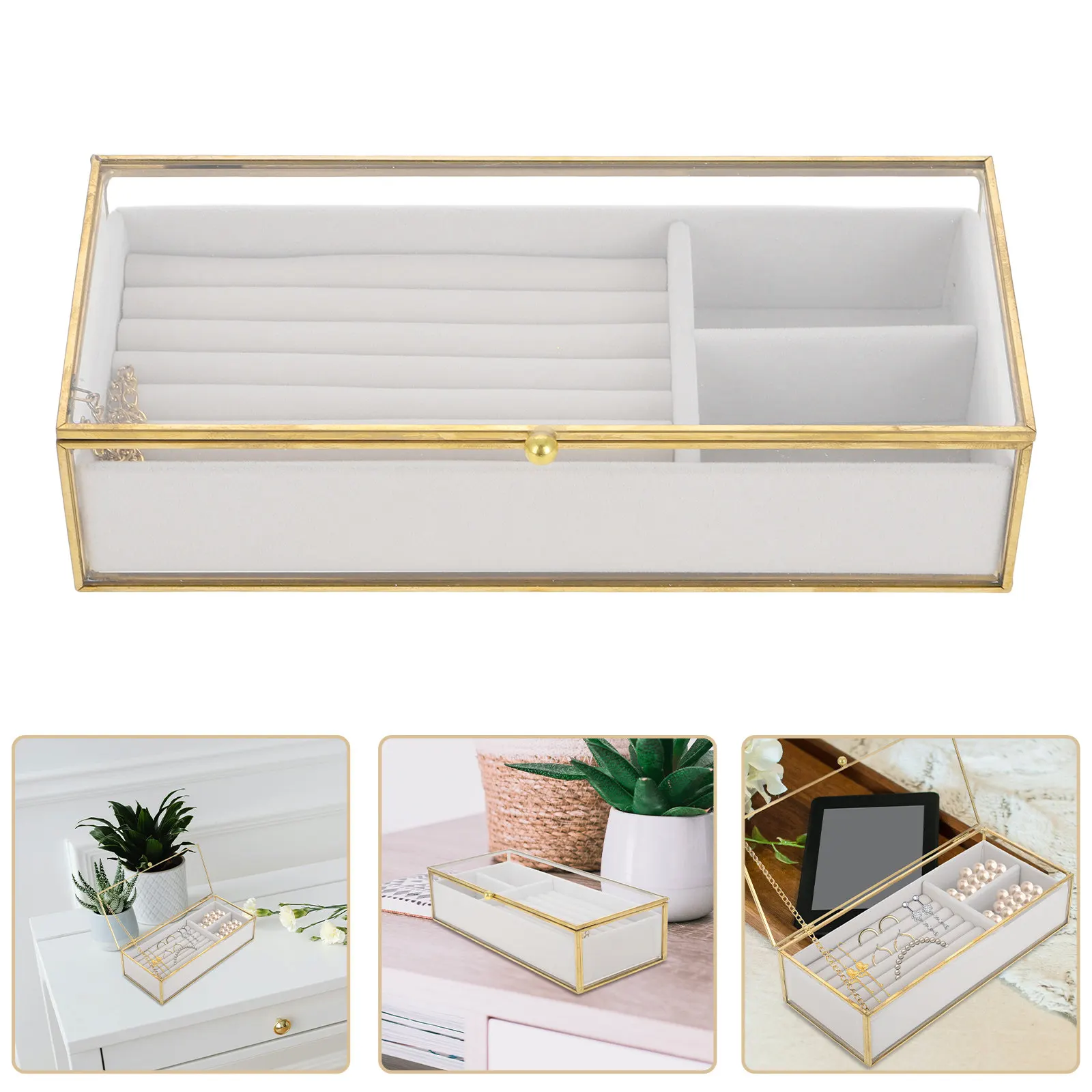 

Винтажная стеклянная шкатулка для украшений с золотой рамкой для женщин, органайзер для хранения, прозрачный демонстрационный футляр, подставка для серег, колец и ожерелий