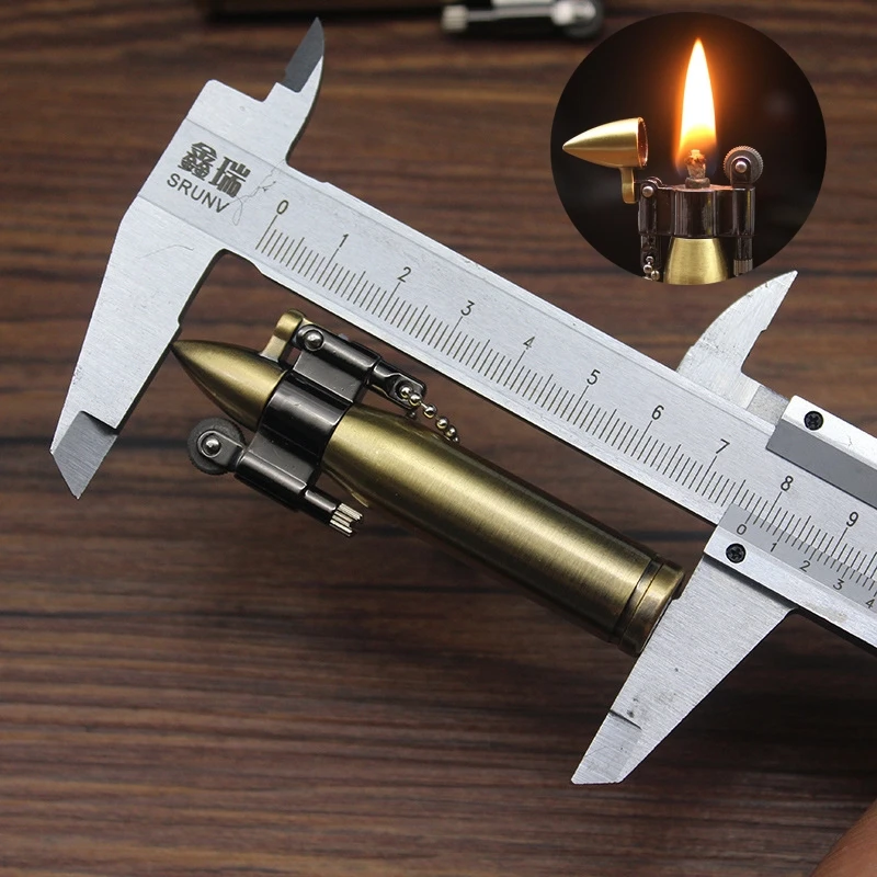 Retro Bullet Shaped Metal Keychain Lighter with Grinding Wheel Open Flame Cigar Smoking Accessories Men's Gift Small Tool