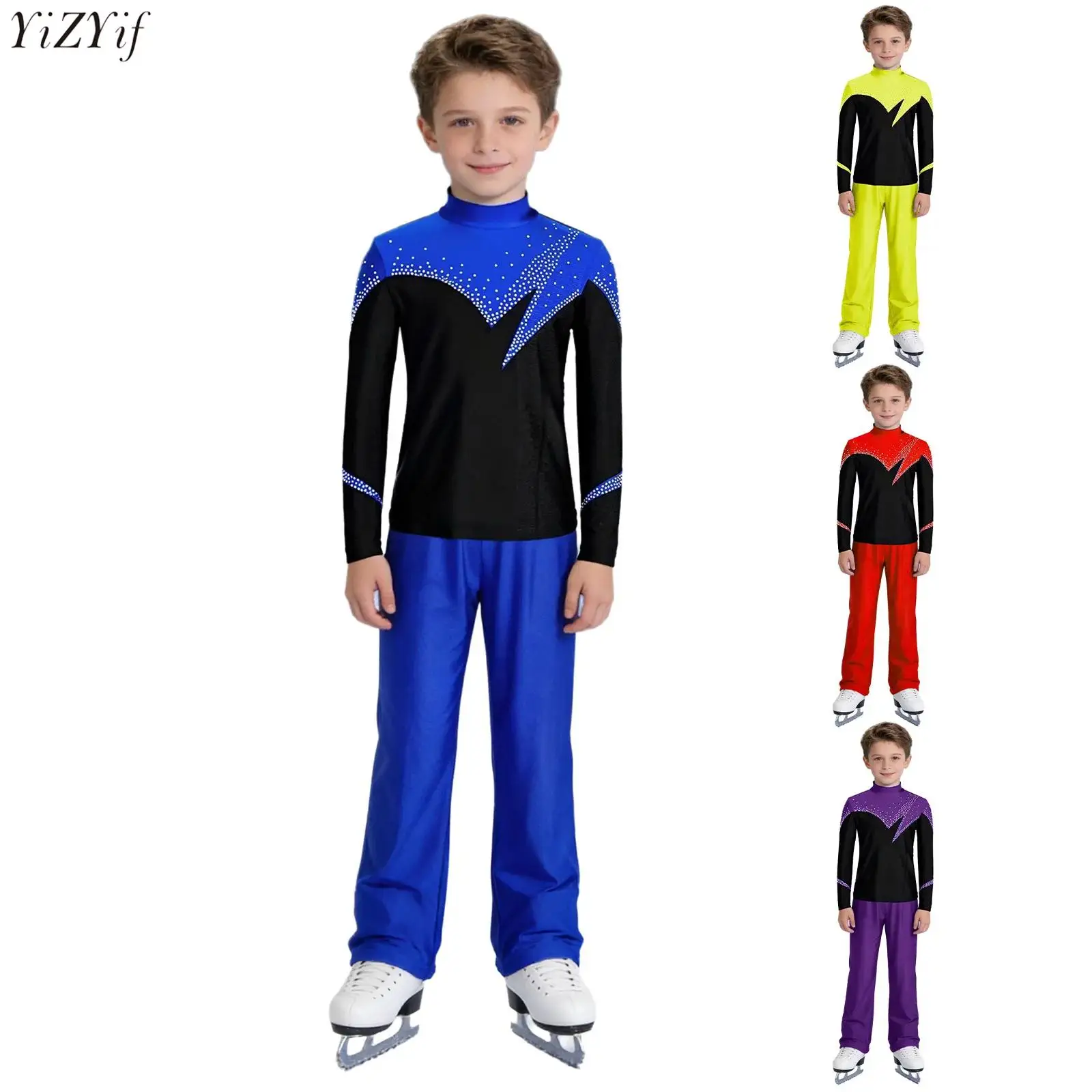 

Boys 2-piece Sports Suit Figure Skating Clothing Set Color Block Long Sleeve Back Zipper Top with Pants Gymnastics Dancewear