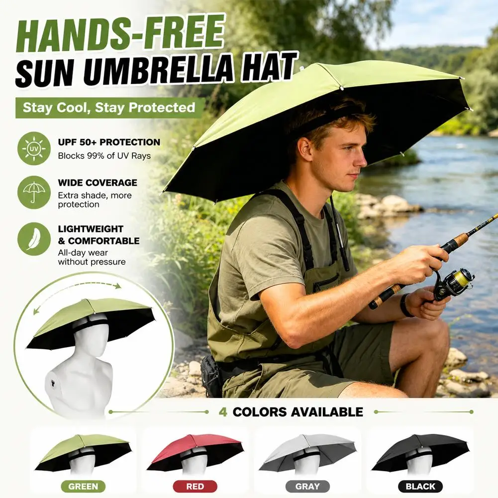 Hand-free Sun Umbrella Hat Foldable Waterproof Headwear Adjustable Sun Rain Protection for Fishing Gardening Camping Outdoor