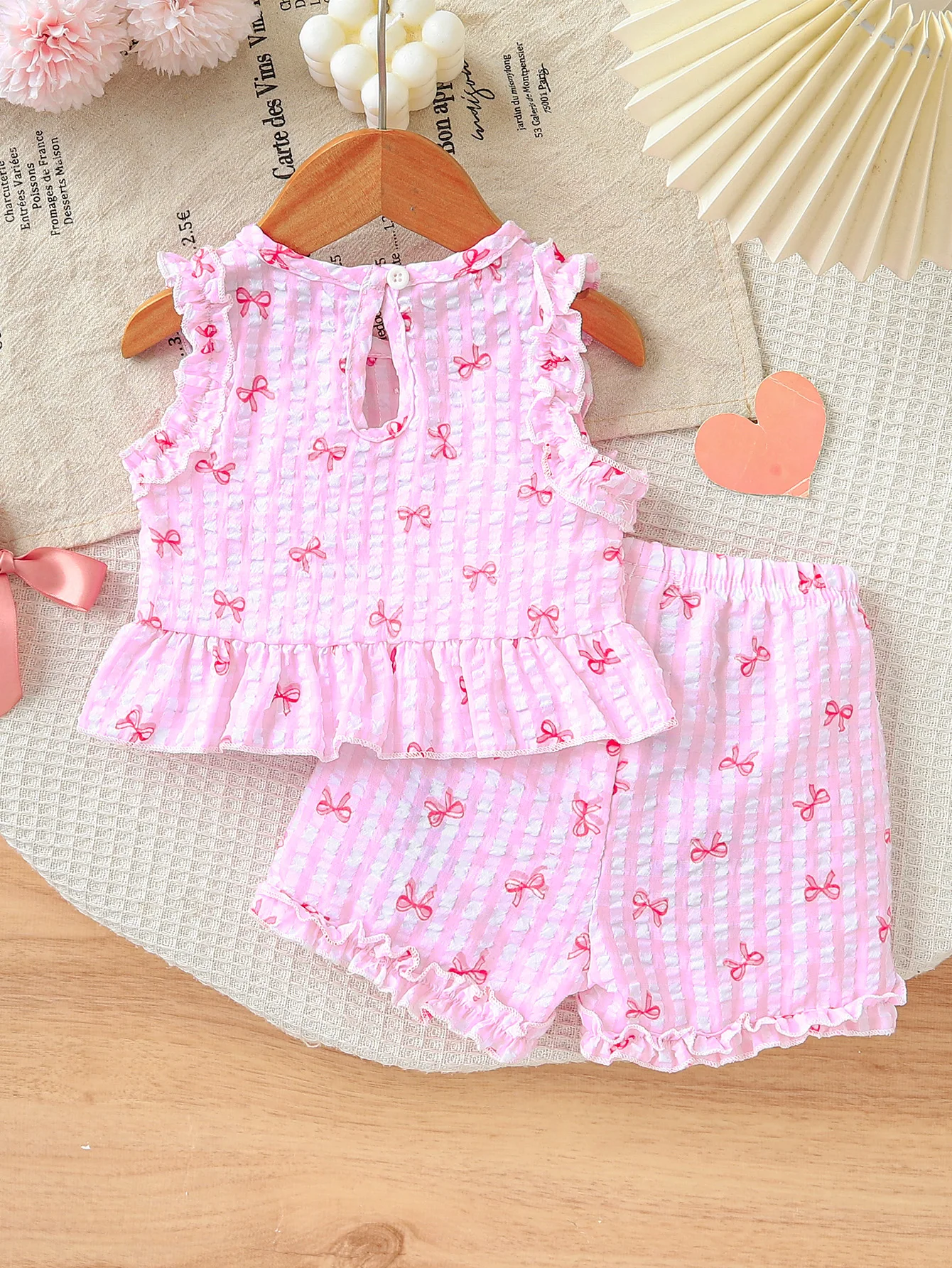 2pcs Summer Baby Girls Pink Gingham Bow Print Set, Ruffle Sleeveless Top + Shorts, Sweet Style, Daily/Outdoor Wear, 0-36M, Breat