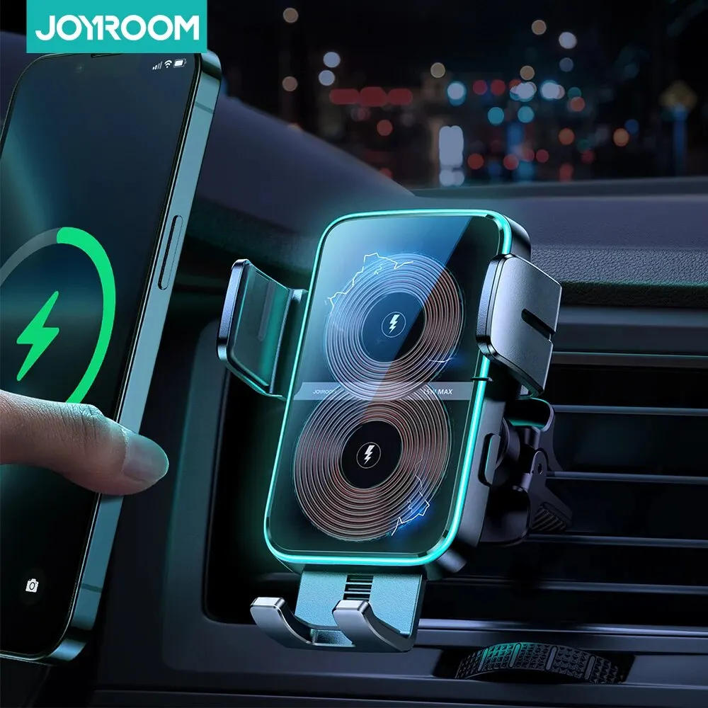 Joyroom Automatic 15W Car Phone Holder Dual Coil Fast Wireless Charger Phone Holder Car Mount For iPhone Foldable Galaxy