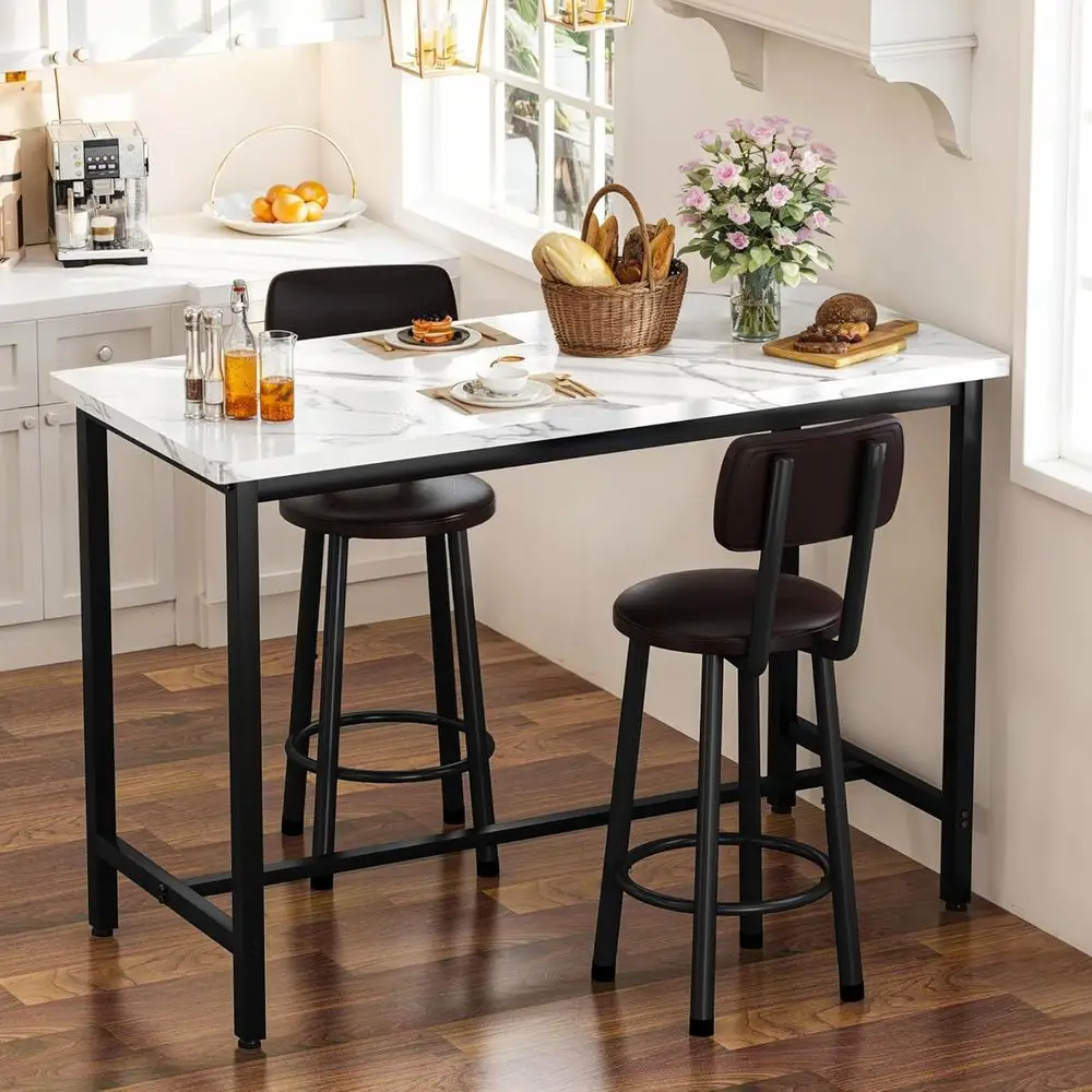 

Modern High Top 3-Piece Bar Table Set with Stools, Faux Marble Dining Table for Small Spaces, Ideal for Apartments and Breakfast