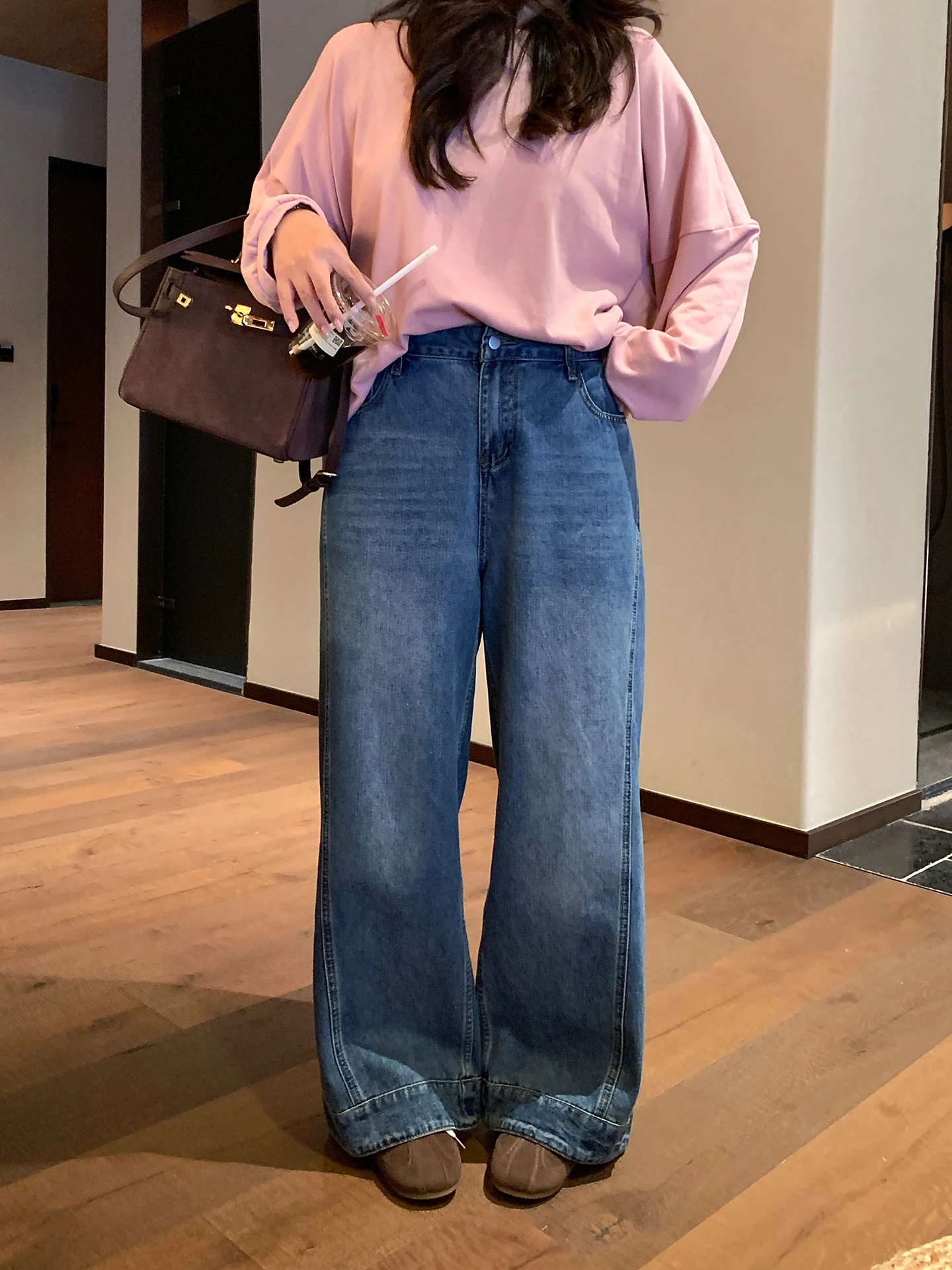 

Женские прямые джинсы Lin Da Hui больших размеров, осень-зима 2025, новые длинные брюки с высокой талией, на пуговицах, универсальные, в пол