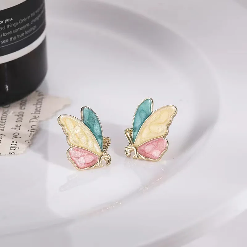 S925 Silver Needle Korean Style Minimalist Oil Drop Butterfly Earrings For Women Sweet Small Cute Elegant Colorful Personality E
