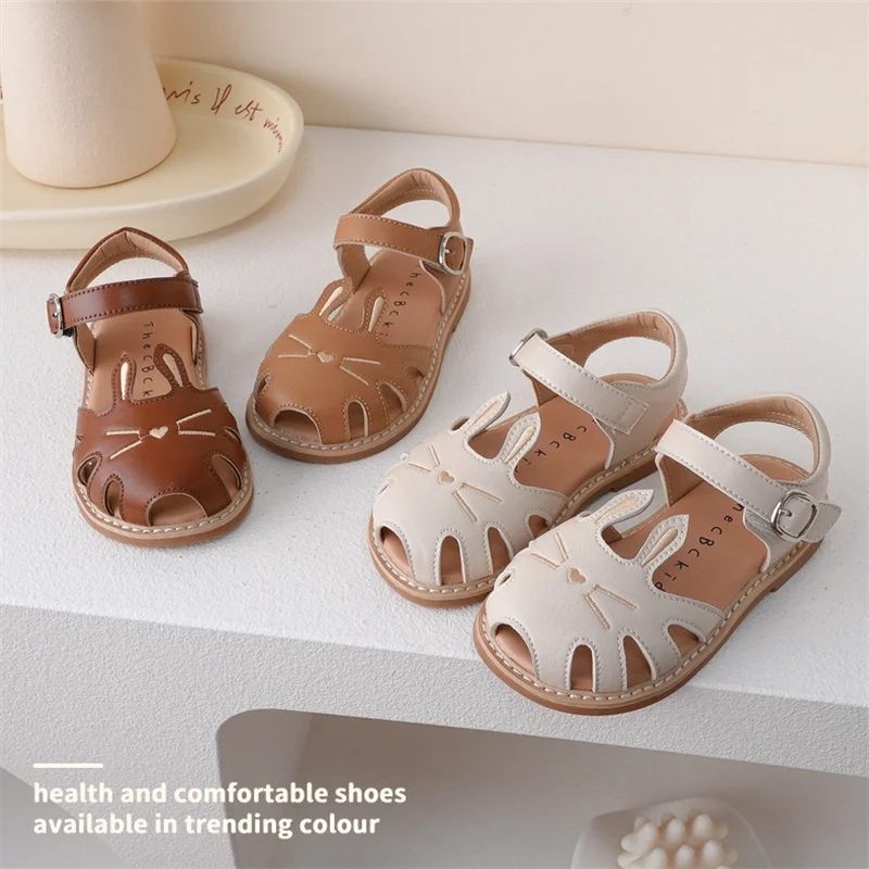 Children Sandals Girls Cartoon Cat Hook-loop Summer Sandals Breathable Toe Protection Soft Sole Casual Shoes Size 21-30