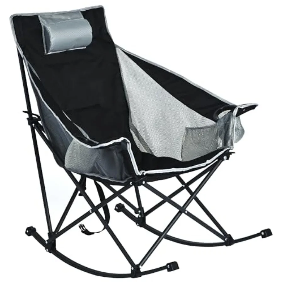 

Oversized Rocking Camping Chair, Fully Padded Patio Chair with Side Pocket, High Back Portable Lawn Recliner with Headrest, Out