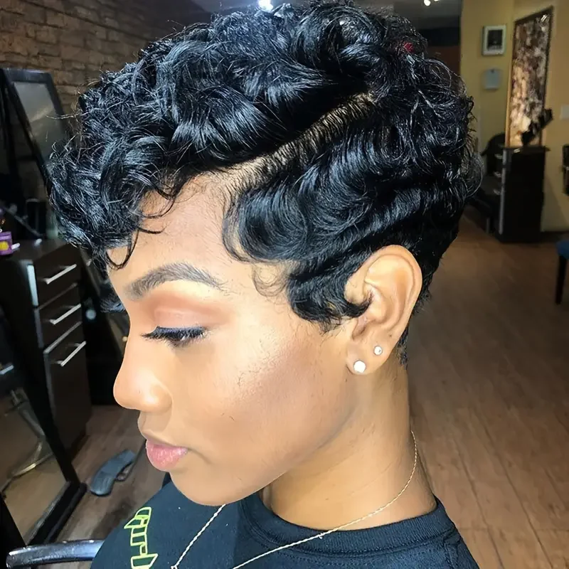 

13x4 человеческие волосы вьющийся парик шнурка короткие стрижки пикси парики фронта шнурка