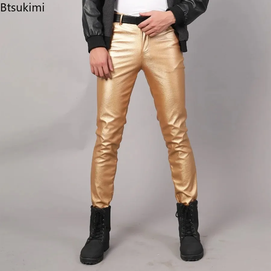 New 2026 Men's Leather Pants Fashion Slim PU Leather Trousers Party Dance Show Men Pants Daily Versatile Biker Pantalones Hombre