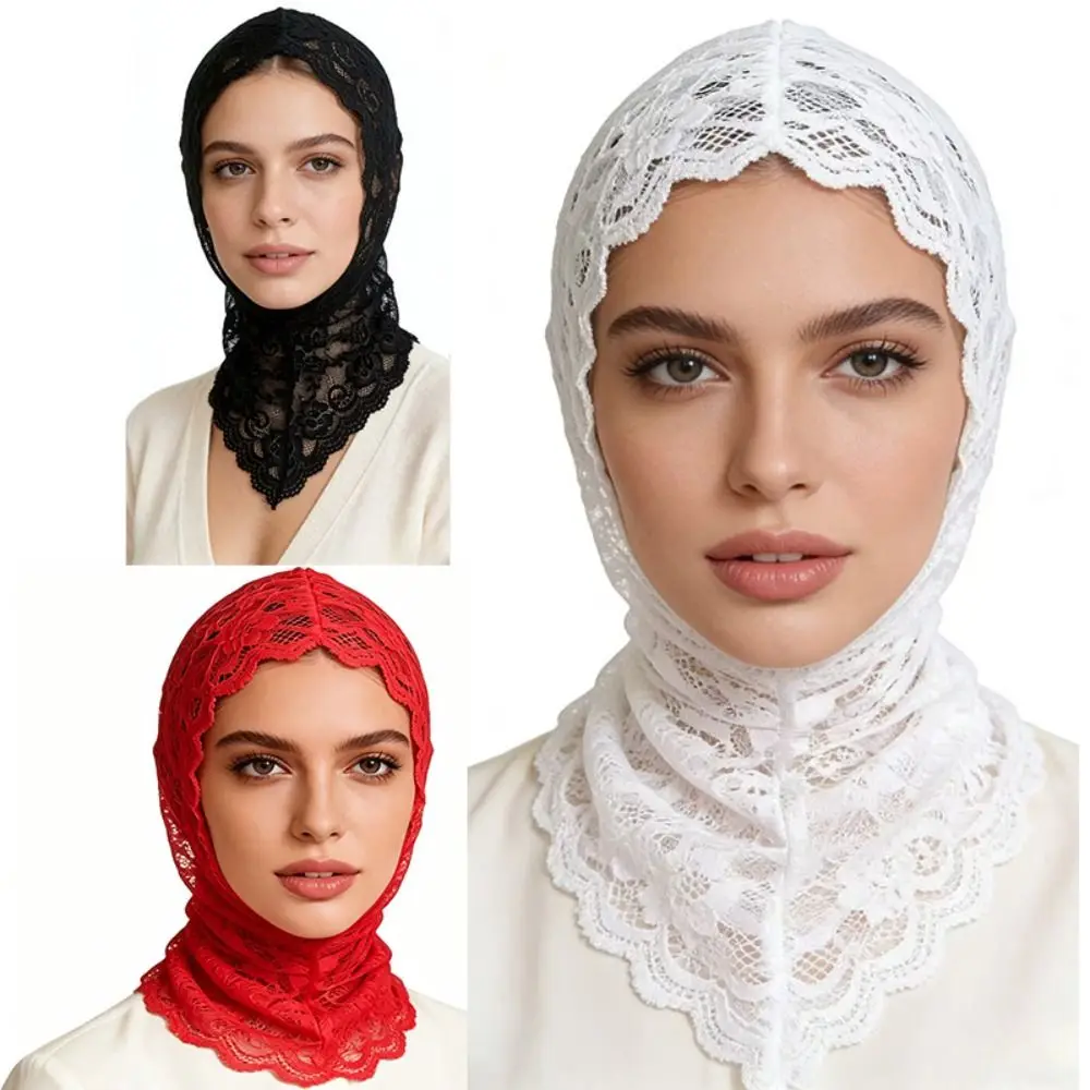 Lace Decorative Turban Caps Neck Warmer Headwear Stretch Soft Lace Headscarf Balaclava Black White Floral Print Head Scarf