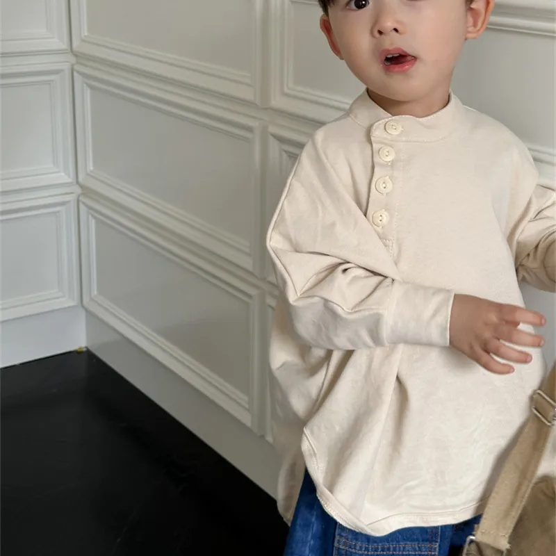 2024 Spring New Boys and girls solid color Slanted button Sweatshirt japanese style children cotton loose T shirts Tops