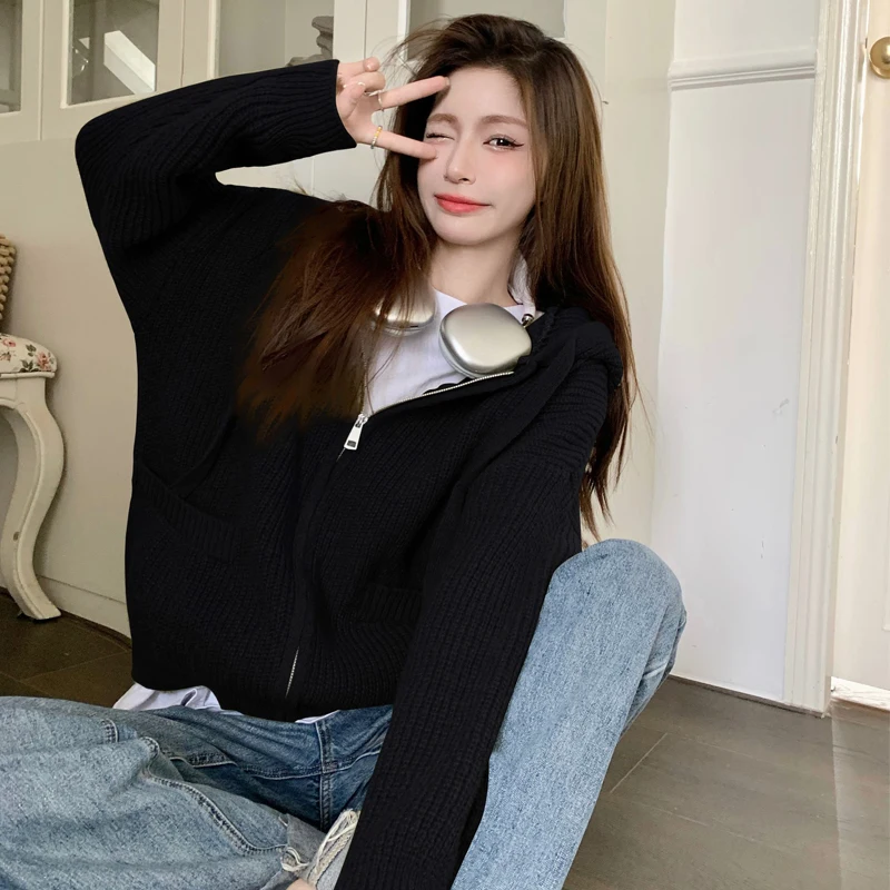 Autumn Winter New Green Knitted Cardigan Women Korean Fashion Loose Long Sleeve Hooded Zipper Sweater Coats Woman