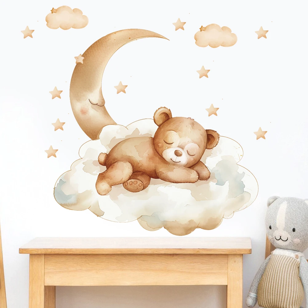 Cute Cartoon Teddy Bear Sleeping on the Moon and Stars Wall Stickers for Kids Bedroom Baby Room Decoration Wall Decals Room
