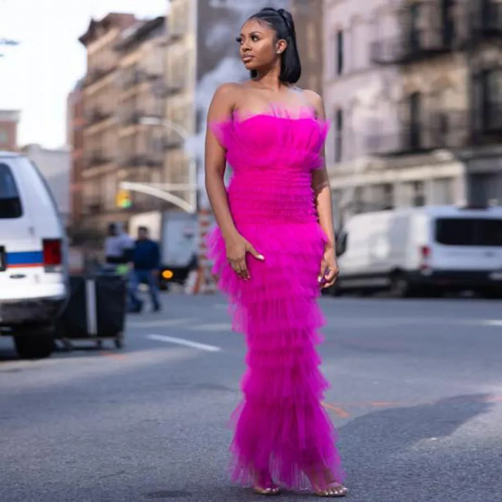 Fashion Fuchsia Fluffy Tiered Tulle Long Straight Women Maxi Dresses To Party Strapless  Ruffles Trimmed Prom Gowns