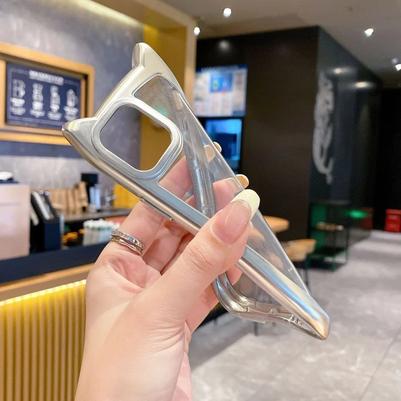 헬로키티 TPU 소프트 케이스 전기 도금 실버 고양이 귀 클리어 폰 케이스 아이폰 17 프로 맥스 16 15 14 13 12 11용