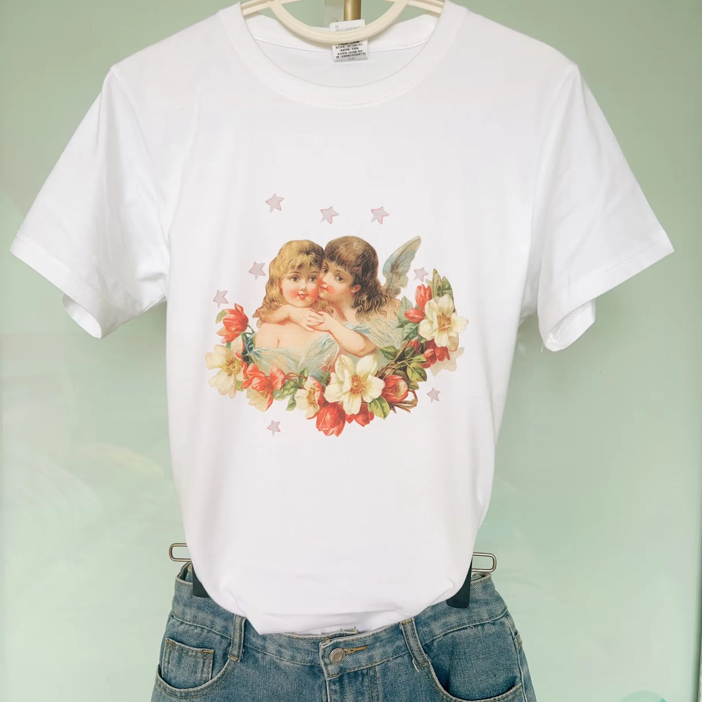 Cherub Hugs T-Shirt Vtg Retro Women Pop Indie Punk Rock Band Graphic T Shirt Women Tops Base O-neck Tees