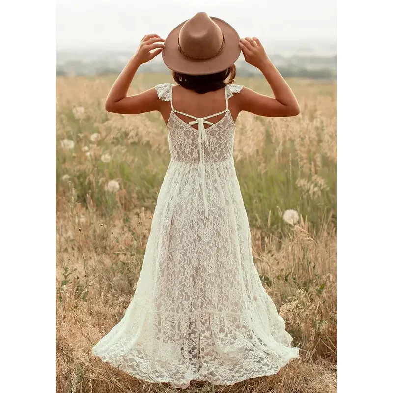 فستان دانتيل أبيض بوهيمي للأطفال ، زهرة فتاة ، فساتين طويلة للمراهقات ، ملابس أنيقة ، حفل زفاف ، طفل ، 3 سنوات ، 4 سنوات ، 6 سنوات ، 8 سنوات ، 10 سنوات ، 12 سنة