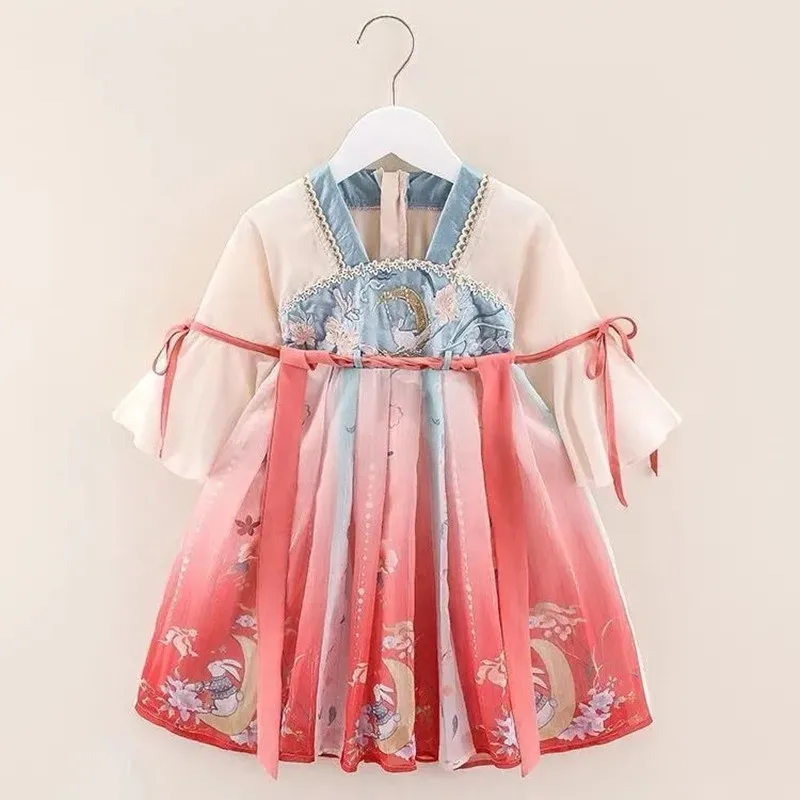 Kids Girls Hanfu Spring and Autumn Clothes 2023 New Tang Suit Chinese Children\'s Ancient Clothes Girls Baby Dress