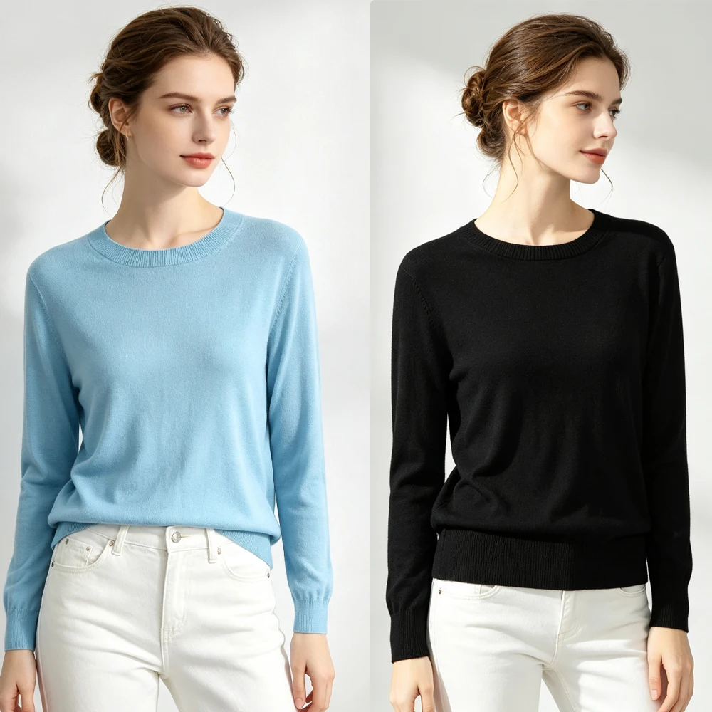 2026 Women's Fashion Autumn New 85%Natural Mulberry Silk 15%Cashmere Blended Candy Color Round Neck Long Sleeve Knitted Sweater