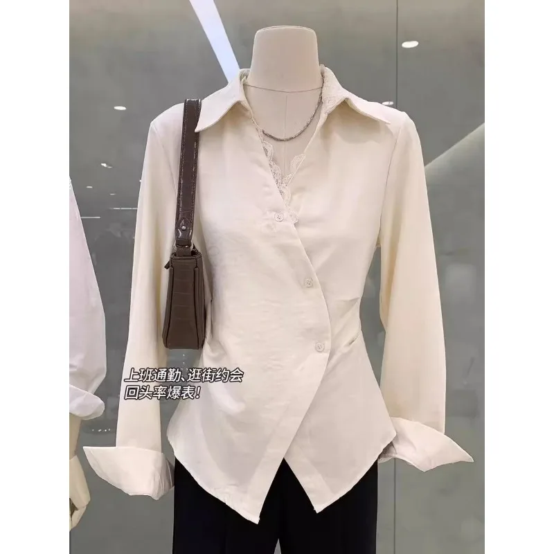 

Solid Color V-neck Long-sleeved Shirt for Women Autumn New Korean Style Design Pleated Waist Slim-fitting Top