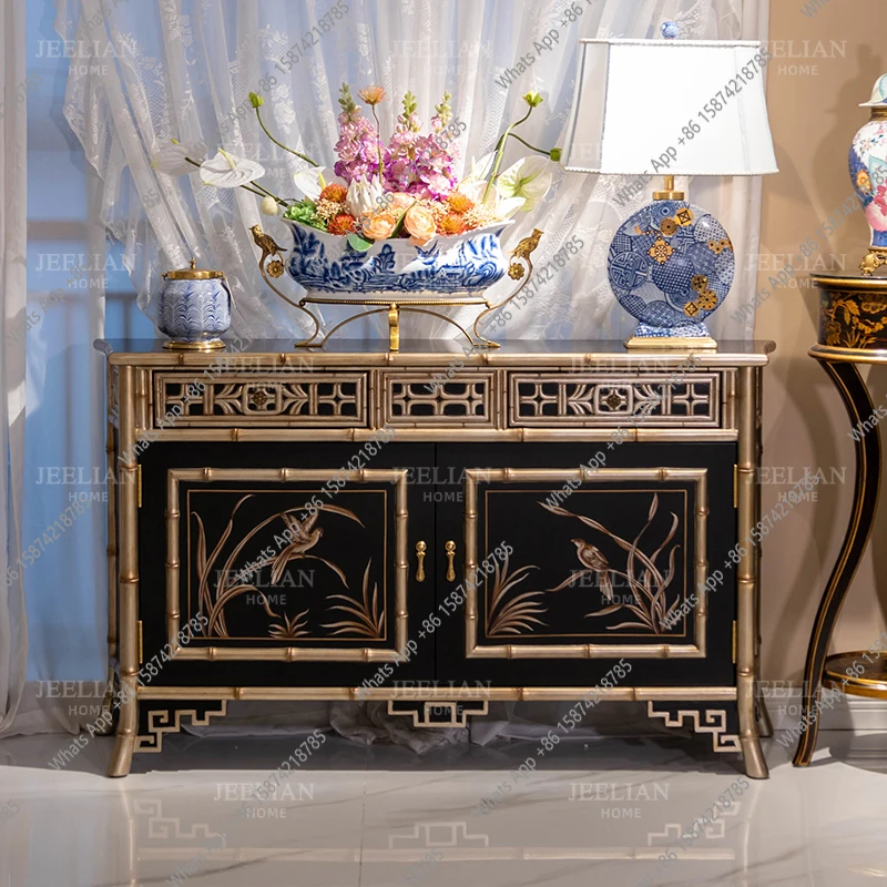 American European Luxury Solid Wood Gold Leaf Hand-Painted Orchid Flower Bird 1.4m Bamboo Storage Foyer Entrance Cabinet