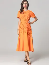 JUNLINNA Spring Summer Women Party Holiday Dress O-Neck Short Sleeve Fashion Flower Appliques Solid Colour Midi Vestidos