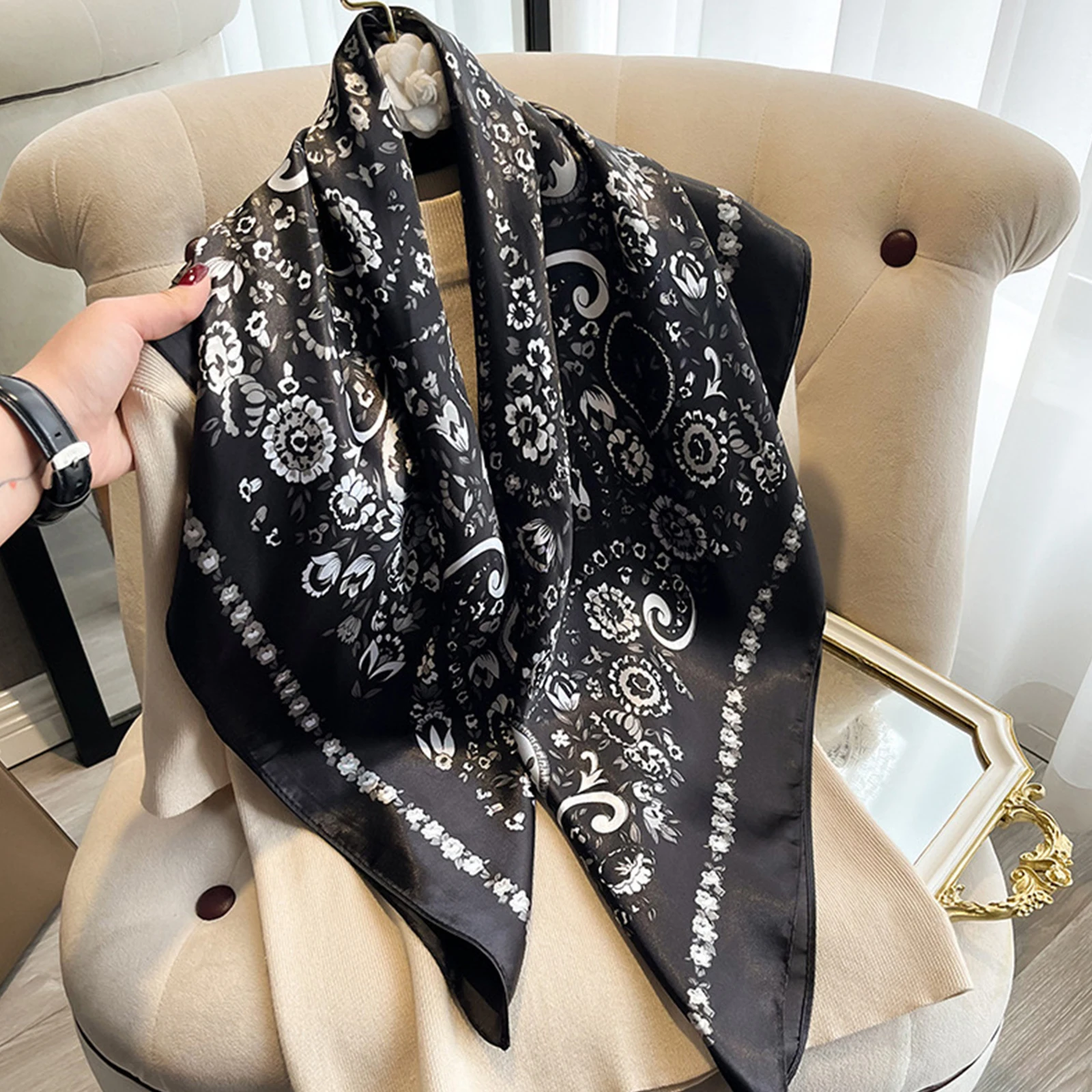 90*90cm Elegant Celebrity Plant Peony Flower Silk Scarves Fashion Women Headscarf Large Square foullard Muslim bandanna muffler