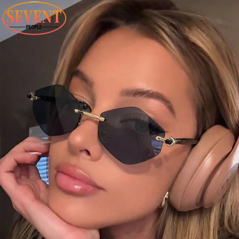 

Солнцезащитные очки Steampunk без оправы, многоугольные, женские, 2026, люксовый бренд, винтажные, шестиугольные, в стиле панк, модные безрамные очки для женщин